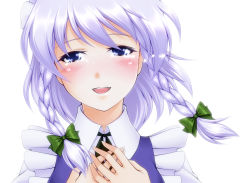 Rule 34 | 1girl, blue dress, blue eyes, blush, bow, braid, close-up, confession, dress, female focus, genjuu rou, hair bow, hands on own chest, happy tears, izayoi sakuya, maid, open mouth, short hair, silver hair, smile, solo, tears, touhou, twin braids, white background