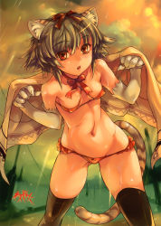 Rule 34 | 1girl, :o, absurdres, animal ears, animal hands, artist name, bare shoulders, bent over, bikini, black thighhighs, boots, breasts, brown ribbon, claws, cloud, collarbone, covered erect nipples, drop, elbow gloves, fingernails, flat chest, food, frilled bikini, frills, fruit, gloves, green background, green hair, grey hair, groin, hair between eyes, hair ribbon, halterneck, highres, hip focus, leather, leather boots, long fingernails, looking at viewer, lowleg, lowleg bikini, navel, neck ribbon, open mouth, orange (fruit), orange bikini, orange eyes, orange ribbon, orange sky, original, outdoors, rain, red bikini, red eyes, ribbon, ringed eyes, shiny skin, short hair, signature, sky, solo, standing, swimsuit, tail, thigh boots, thighhighs, thighs, tiger ears, tiger tail, towel, towel around neck, water, water drop, wazakita, wet, white gloves
