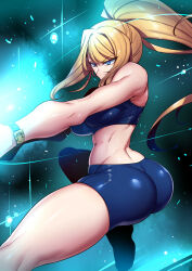 Rule 34 | 1girl, ass, bare shoulders, blonde hair, blue background, blue eyes, breasts, commentary request, cowboy shot, dynamic pose, fighting stance, gradient background, high ponytail, highres, medium breasts, metroid, metroid fusion, midriff, navel, nintendo, samus aran, short shorts, shorts, sidelocks, skin tight, solo, sports bra, thighs, tukiwani, wristband