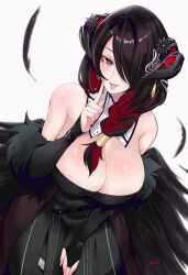 Rule 34 | 1girl, absurdres, adapted costume, asymmetrical horns, bare shoulders, black hair, blush, braid, breasts, cleavage, colored inner hair, demon horns, highres, hololive, hololive english, horns, huge breasts, kivo, long hair, looking at viewer, mamarissa ravencroft, mature female, mole, mole under eye, multicolored hair, red eyes, shiny skin, smile, two-tone hair, virtual youtuber