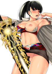 Rule 34 | 1girl, absurdres, armpits, bad id, bad pixiv id, black hair, blade &amp; soul, blush, breasts, breasts out, coat, commentary, cowboy shot, english commentary, female masturbation, female pubic hair, highres, huge filesize, large breasts, long hair, looking at viewer, masturbation, millipen (medium), navel, nipple slip, nipples, no panties, one breast out, one eye closed, open clothes, open coat, open mouth, ponytail, pubic hair, purple eyes, pussy, pussy juice, skirt, solo, steam, sweat, sword, torn clothes, traditional media, uncensored, weapon, white background, xter