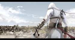 Rule 34 | 1boy, altair ibn la-ahad, artist name, assassin&#039;s creed, assassin&#039;s creed (series), back, bad id, bad pixiv id, blade, bracer, clenched hand, cloud, concealed weapon, day, hidden blade (assassin&#039;s creed), highres, hood, letterboxed, magicians (zhkahogigzkh), male focus, sky, solo, sword, weapon