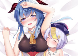 Rule 34 | 2girls, ^ ^, absurdres, arm up, armpits, bed sheet, bell, blush, bodysuit, breastfeeding, breast sucking, breasts, closed eyes, covered erect nipples, cowbell, drinking, closed eyes, ganyu (genshin impact), genshin impact, goat horns, happy, highres, horns, jiangshi, large breasts, looking at viewer, multiple girls, nippleless clothes, nipples, nude, open mouth, purple eyes, qiqi (genshin impact), reikyou, saliva, sheet grab, tears, torn bodysuit, torn clothes, upper body