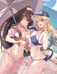 Rule 34 | 2girls, absurdres, baseball cap, bikini, blonde hair, blue bikini, blue eyes, blue headwear, blue sky, bottle, breast press, breasts, brown eyes, brown hair, cherry blossoms, cloud, commentary, day, flower, hair between eyes, hair flower, hair intakes, hair ornament, hat, highres, himeyamato, holding, holding bottle, holding umbrella, iowa (kancolle), kantai collection, large breasts, long hair, multicolored umbrella, multiple girls, navel, ocean, official alternate costume, one eye closed, open mouth, outdoors, pink bikini, pink umbrella, ponytail, ramune, sidelocks, sky, star-shaped pupils, star (symbol), swimsuit, symbol-shaped pupils, two-tone bikini, umbrella, very long hair, white bikini, white umbrella, yamato (kancolle), yamato kai ni (kancolle)