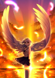 Rule 34 | 1girl, angel, angel beats!, angel wings, arm at side, backlighting, black shirt, bloom, closed mouth, cloud, commentary request, feathered wings, feet out of frame, floating hair, frilled skirt, frills, full body, hair between eyes, hand up, highres, jacket, kirisita, light particles, long hair, long sleeves, looking at viewer, miniskirt, neck ribbon, ocean, orange sky, outdoors, ribbon, school uniform, shirt, skirt, sky, smile, socks, solo, standing, sunset, tachibana kanade, white hair, white socks, white wings, wind, wind lift, wings, yellow eyes, yellow jacket, yellow ribbon