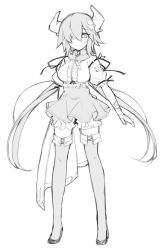 Rule 34 | 1girl, bloomers, blouse, breasts, detached sleeves, full body, greyscale, hair flaps, hair over one eye, haruyuki (yukichasoba), high-waist skirt, horns, large breasts, legs apart, long hair, looking at viewer, low twintails, monochrome, original, parted lips, puffy short sleeves, puffy sleeves, shirt, shoes, short sleeves, simple background, sketch, skirt, solo, standing, thighhighs, twintails, underwear, very long hair