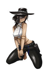 Rule 34 | 1girl, absurdres, bare shoulders, bdsm, belt, black belt, black hair, black headwear, black pants, blush, bondage, bound, bracelet, breasts, brown eyes, character request, closed mouth, crop top, dark-skinned female, dark skin, ear piercing, earrings, full body, girls&#039; frontline, hair over one eye, highres, holster, hoop earrings, jewelry, kneeling, leather, leather pants, licking lips, long hair, looking at viewer, medium breasts, nonoan jp, pants, piercing, shirt, smile, solo, thighs, tongue, tongue out, underboob, white background, white shirt