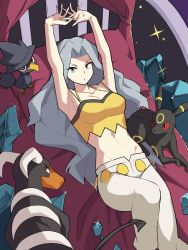 Rule 34 | 1girl, arms up, bare arms, breasts, cleavage, closed mouth, commentary request, creatures (company), game freak, gen 2 pokemon, grey eyes, grey hair, highres, houndoom, karen (pokemon), kiwi of ruin, korean commentary, long hair, lying, midriff, murkrow, nintendo, on back, on bed, pants, pillow, pokemon, pokemon (creature), pokemon hgss, shirt, umbreon, white pants, yellow shirt