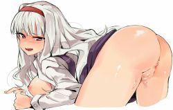 Rule 34 | 1girl, anus, ass, bent over, blush, breasts, censored, female focus, hairband, idolmaster, idolmaster (classic), long hair, looking at viewer, looking back, nipples, open mouth, pussy, pussy juice, red eyes, shijou takane, silver hair, simple background, solo, sweat, tearing up, tuxedo de cat, white background
