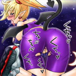 Rule 34 | 1girl, aq interactive, arcana heart, ass, atlus, bat wings, bent over, bike shorts, blonde hair, blue eyes, blush, choker, demon girl, elbow pads, examu, female focus, female masturbation, fingering, fingerless gloves, from behind, gloves, inline skates, lilica felchenerow, mabahn, masturbation, pointy ears, roller skates, saliva, skates, smile, solo, tail, tongue, twintails, wings