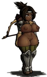 Rule 34 | 1girl, animated, animated gif, arbalest (darkest dungeon), armor, bow (weapon), breasts, brown hair, cleft of venus, crossbow, dark-skinned female, dark nipples, dark skin, darkest dungeon, full body, functionally nude, genderswap, gloves, gorget, greaves, hairband, high heels, high ponytail, huge breasts, leather, leather gloves, lowres, naked armor, navel, nipples, no bra, no panties, nude, nude mod, pauldrons, pussy, reverse outfit, sabaton, shadow, shin guards, shoulder armor, solo, standing, striped clothes, striped thighhighs, thighhighs, vertical-striped clothes, vertical-striped thighhighs, weapon, weapon on back, white background, xelsword, yellow eyes