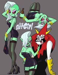 Rule 34 | 1boy, 1girl, alcohol, alien, backless dress, backless outfit, bag, bare arms, bare shoulders, beer, black choker, black dress, black thighhighs, body freckles, bottle, bracelet, breasts, centinel303, character request, choker, cleavage, colored sclera, colored skin, condom, condom wrapper, curvy, downblouse, dress, drink, earrings, eyeshadow, freckles, freckles on breasts, freckles on shoulder, full body, garter straps, gloves, green skin, grey background, grin, hair over one eye, hand on own hip, handbag, heart, heart-shaped pupils, high heels, holding, holding bottle, holding condom, hood, hood up, jewelry, knees up, legs together, long hair, looking at viewer, looking back, lord dominator, lying, makeup, medium breasts, microdress, mohawk, multiple views, narrow waist, no bra, no nose, on back, partially shaved head, pink eyeshadow, pointy ears, profanity, red eyes, red hood, red sclera, runny makeup, shoes, simple background, small breasts, smile, standing, strapless, strapless dress, symbol-shaped pupils, thighhighs, wander over yonder, white hair, white skin, yellow gloves, zettai ryouiki