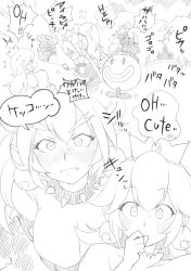 Rule 34 | 2girls, blush, borrowed design, bouquet, bowsette, bracelet, castle, closed eyes, comic, commentary request, earrings, english text, fang, flower, flying, flying sweatdrops, greyscale, hair between eyes, henyaan (oreizm), horns, jewelry, koopa clown car, lizard tail, mario (series), monochrome, multiple girls, new super mario bros. u deluxe, nintendo, piranha plant, ponytail, princess peach, puffy short sleeves, puffy sleeves, short sleeves, sketch, spiked bracelet, spikes, super crown, sweat, tail, translation request, yuri