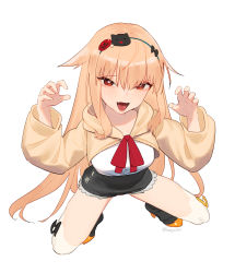 Rule 34 | 1girl, absurdres, beijuu, blonde hair, blush, breasts, claw pose, collarbone, fang, girls&#039; frontline, hair between eyes, hair flaps, highres, long hair, looking at viewer, medium breasts, open mouth, red eyes, simple background, solo, t65 (girls&#039; frontline), tongue, tongue out, very long hair, white background