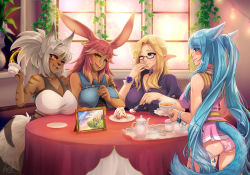 Rule 34 | 4girls, animal ears, aqua eyes, aqua hair, ass, warrior of light (ff14), blonde hair, breasts, cake, cat ears, cat tail, choker, cleavage, cup, elezen, elf, facial mark, final fantasy, final fantasy xiv, food, furry, furry female, glasses, grey hair, hair between eyes, indoors, kyattsu, large breasts, long hair, looking at another, miqo&#039;te, multicolored hair, multiple girls, one eye closed, open mouth, photo (object), pointy ears, purple eyes, purple shirt, rabbit ears, rabbit girl, red hair, semi-rimless eyewear, shirt, short hair, sitting, sleeveless, standing, tail, tank top, tattoo, teacup, teapot, twintails, two-tone hair, viera, whisker markings, yellow eyes