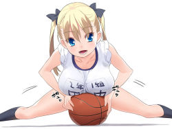Rule 34 | 1girl, ball, basketball, basketball (object), blonde hair, blue eyes, breast press, breasts, gym uniform, large breasts, nora higuma, original, simple background, sleeves rolled up, solo, split, spread legs, twintails, white background