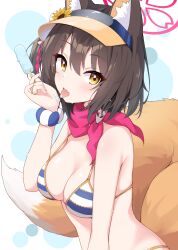 Rule 34 | 1girl, animal ear fluff, animal ears, backless bikini bottom, bikini, blue archive, blush, breasts, brown hair, cleavage, commentary, eating, food, fox ears, fox girl, fox tail, hair ornament, halo, hayana neru, highleg, highleg bikini, highres, holding, holding food, holding popsicle, ice cream, izuna (blue archive), izuna (swimsuit) (blue archive), large breasts, licking, licking hand, looking at viewer, medium hair, melting, pink scarf, pom pom (clothes), pom pom hair ornament, popsicle, red scarf, scarf, solo, striped bikini, striped clothes, swimsuit, symbol-only commentary, tail, tongue, tongue out, visor cap, yellow eyes