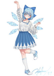 Rule 34 | 1girl, absurdres, alternate costume, arm up, blue bow, blue eyes, blue hair, blue skirt, blunt bangs, blush, bob cut, bow, breasts, casual, cirno, closed mouth, collarbone, contemporary, dated, full body, hair bow, head tilt, highres, littiecy, pleated skirt, shirt, shoes, short hair, signature, simple background, skirt, small breasts, smile, sneakers, socks, solo, standing, standing on one leg, touhou, white background, white shirt, white socks