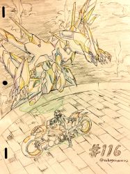 Rule 34 | 1boy, clear wing synchro dragon, crystal wing synchro dragon, d-wheel, duel monster, highres, hiroki (vvkagerouvvr2), male focus, outdoors, sky, solo, traditional media, yu-gi-oh!, yu-gi-oh! arc-v, yuugo (yu-gi-oh!)