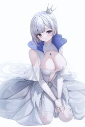 Rule 34 | 1girl, absurdres, argus (azur lane), azur lane, bare shoulders, blue eyes, blue gemstone, blush, braid, breasts, cleavage, crown, crown braid, detached sleeves, dress, g home, gem, gloves, high collar, highres, jewelry, large breasts, long hair, long sleeves, looking at viewer, mini crown, necklace, no bra, pantyhose, parted lips, see-through, simple background, sleeveless, sleeveless dress, solo, v arms, very long hair, white background, white dress, white gloves, white hair, white pantyhose