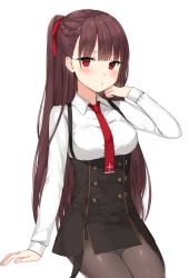 Rule 34 | 1girl, arm support, bad id, bad pixiv id, black pantyhose, black skirt, blunt bangs, blush, braid, breasts, brown hair, buttons, canape (canape0130), closed mouth, collared shirt, double-breasted, girls&#039; frontline, hair ribbon, half updo, hand on own cheek, hand on own face, highres, long hair, looking at viewer, medium breasts, necktie, one side up, pantyhose, pout, red eyes, red necktie, ribbon, shirt, sidelocks, simple background, sitting, skirt, solo, strap, suspender skirt, suspenders, tsundere, very long hair, wa2000 (girls&#039; frontline), white background, white shirt