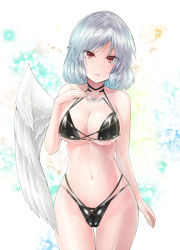 Rule 34 | 1girl, bare shoulders, bikini, black bikini, black choker, braid, breasts, cameltoe, choker, cleavage, commentary request, cowboy shot, french braid, groin, hand on own chest, kishin sagume, large breasts, looking at viewer, multi-strapped bikini, navel, parted lips, red eyes, shiny skin, short hair, silver hair, single wing, solo, swimsuit, touhou, white background, wings, y2