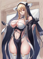 Rule 34 | 1girl, azur lane, bare shoulders, black gloves, blonde hair, breasts, cleavage, fake horns, gloves, habit, hands up, highres, horns, implacable (azur lane), large breasts, long bangs, long hair, looking at viewer, midriff, moppo, navel, nun, open mouth, pelvic curtain, red eyes, solo, thighhighs, thighs, white thighhighs, wide hips
