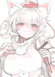 Rule 34 | animal ears, blush, breasts, hat, highres, holding, holding sword, holding weapon, inubashiri momiji, over shoulder, red eyes, short hair, smirk, solo, sword, tokin hat, touhou, upper body, weapon, weapon over shoulder, white hair, wolf ears, yoyoiro (sysi20)