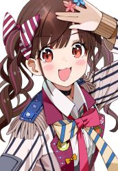 Rule 34 | 1girl, blouse, blush, bow, bowtie, brown hair, character name, choker, collared shirt, commentary, flower, hair bow, hair flower, hair ornament, highres, idolmaster, idolmaster shiny colors, jacket, long hair, long sleeves, looking at viewer, morumoru x, multicolored hair, necktie, purple hair, red eyes, shirt, sidelocks, smile, solo, sonoda chiyoko, streaked hair, twintails, white background, white jacket, white shirt