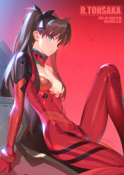 Rule 34 | 1girl, bodysuit, breasts, brown hair, commentary, cosplay, crossover, curvy, fate/grand order, fate (series), green eyes, hair ribbon, highres, long hair, looking at viewer, medium breasts, neon genesis evangelion, plugsuit, ribbon, shiny clothes, siino, sitting, solo, souryuu asuka langley (cosplay), tohsaka rin, torn bodysuit, torn clothes, twintails, wide hips
