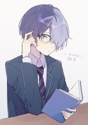 Rule 34 | 1boy, adjusting eyewear, aoyagi touya, bespectacled, blazer, blue eyes, blue hair, book, close game/offline (project sekai), closed mouth, collared shirt, commentary request, dark blue hair, diagonal-striped clothes, diagonal-striped necktie, glasses, hair over one eye, highres, holding, holding book, jacket, jishio, kamiyama high school uniform (project sekai), lapels, long sleeves, looking at viewer, male focus, multicolored hair, necktie, notched lapels, official alternate hairstyle, one eye covered, open book, project sekai, school uniform, shirt, short hair, simple background, solo, striped clothes, translation request, two-tone hair, upper body