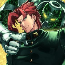 Rule 34 | 1boy, argyle, argyle background, argyle clothes, earrings, frown, glowing, glowing eyes, green eyes, hierophant green, jewelry, jojo no kimyou na bouken, kakyoin noriaki, lips, looking at viewer, male focus, patterned background, pointing, red hair, school uniform, sekiyu (spartan), solo, sparkle, stand (jojo), stardust crusaders, yellow background