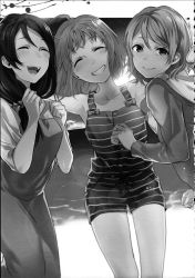 Rule 34 | 10s, 3girls, ^ ^, ahoge, beach, blood, blood splatter, clenched hands, closed eyes, crossed bangs, dress, female focus, greyscale, grin, hood, hood down, jpeg artifacts, kyo zip, long hair, long sleeves, looking at viewer, love live!, love live! sunshine!!, low-tied long hair, monochrome, multiple girls, outstretched arms, sakurauchi riko, scrunchie, short hair, shorts, smile, spread arms, striped, takami chika, watanabe you, yandere