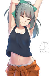 Rule 34 | 1girl, 4690 (tkpbsk), armpits, arms up, black tank top, bow, bow panties, breasts, closed eyes, closed mouth, collarbone, cowboy shot, dated, green bow, hair bow, kantai collection, light green hair, medium hair, midriff, navel, orange overalls, overalls, panties, pantyshot, ponytail, signature, small breasts, solo, stretching, tank top, tied overalls, underwear, white background, white panties, yuubari (kancolle)