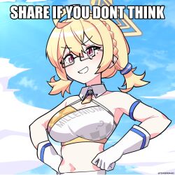 Rule 34 | 1girl, ahoge, arm strap, blonde hair, blue archive, blue sky, braid, breasts, cheerleader, cloud, cloudy sky, commentary, criss-cross halter, day, detached collar, english commentary, english text, gloves, grin, halo, halterneck, hands on own hips, highres, image macro (meme), impact (font), kotori (blue archive), kotori (cheer squad) (blue archive), large breasts, low twintails, medium hair, meme, midriff, millennium cheerleader outfit (blue archive), navel, official alternate costume, outdoors, red eyes, semi-rimless eyewear, short twintails, sky, smile, solo, sports bra, teardrop-framed glasses, teeth, tsunderemaids, twintails, twitter username, under-rim eyewear, upper body, white gloves, white sports bra, yellow halo