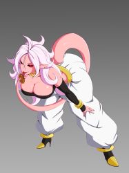 Rule 34 | 1girl, absurdres, android 21, black sclera, breasts, cleavage, colored sclera, colored skin, doughnut, dragon ball, dragon ball fighterz, food, harem pants, high heels, highres, kikoshou, leaning forward, looking at viewer, majin (race), majin android 21, messy hair, nail polish, pants, pink skin, red eyes, smile, solo, tail, tongue, tongue out