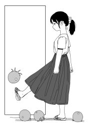Rule 34 | 1girl, akai sashimi, creature, greyscale, monochrome, original, ponytail, sandals, simple background, sketch, solo, white background