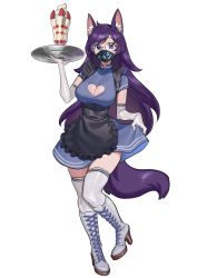 Rule 34 | 1girl, animal ears, apron, black apron, black mask, blue dress, boots, borrowed character, breasts, cleavage, dress, elbow gloves, frilled apron, frills, full body, glasses, gloves, grey footwear, highres, holding, holding tray, long hair, mask, medium breasts, mitsuki (hanns33694210), mouth mask, nia (nia4294), original, parfait, print mask, purple hair, round eyewear, second-party source, short sleeves, solo, standing, tail, thighhighs, tray, very long hair, white gloves, wolf ears, wolf tail