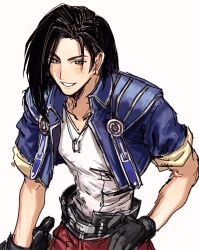 Rule 34 | 1boy, belt, black belt, black gloves, black hair, blue jacket, cropped jacket, dog tags, earrings, final fantasy, final fantasy viii, gloves, green eyes, grin, hand on own hip, highres, holding, hoop earrings, jacket, jewelry, laguna loire, leaning forward, male focus, medium hair, necklace, nishinsobha, open clothes, open jacket, pants, red pants, shirt, short sleeves, simple background, smile, solo, v-neck, white background, white shirt
