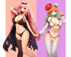 Rule 34 | 2girls, bikini, black bra, black cape, black cloak, black panties, blush, bra, breasts, cape, chef hat, cleavage, cloak, closed mouth, detached sleeves, feet out of frame, green hair, groin, hand in own hair, hat, highres, holding hands, hololive, hololive english, lace, lace-trimmed bra, lace-trimmed panties, lace trim, large breasts, legs together, long hair, looking at viewer, mori calliope, multicolored hair, multiple girls, multiple hats, navel, notte, orange hair, panties, pink background, pink hair, red eyes, ribbon-trimmed bikini, shiny skin, single thighhigh, smile, straight hair, swimsuit, takanashi kiara, thigh gap, thighhighs, tiara, torn cape, torn cloak, torn clothes, underwear, underwear only, v, veil, very long hair, virtual youtuber, white background, white thighhighs
