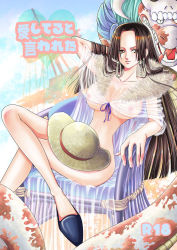 Rule 34 | arm up, boa hancock, breasts, brown eyes, brown hair, censored, convenient censoring, functionally nude, hair play, hat, highres, crossed legs, long hair, nipples, no bra, no panties, one piece, salome (one piece), see-through, sitting, snake, straw hat