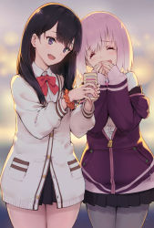 Rule 34 | 10s, black hair, black skirt, blurry, blurry background, blush, bow, bowtie, breasts, cellphone, closed eyes, collared shirt, gridman universe, haoni, holding, holding phone, jacket, large breasts, light purple hair, long hair, long sleeves, looking at viewer, off shoulder, open mouth, orange scrunchie, pantyhose, phone, pleated skirt, purple eyes, purple jacket, red bow, scrunchie, shinjou akane, shirt, short hair, skirt, sleeves past wrists, smartphone, smile, ssss.gridman, takarada rikka, tears, white shirt