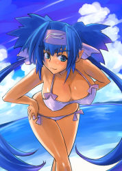 Rule 34 | 00s, 1girl, beach, bikini, blue eyes, blue hair, blush, breasts, cleavage, day, covered erect nipples, hands on own hips, headband, klan klein, large breasts, leaning forward, long hair, macross, macross frontier, matching hair/eyes, outdoors, pointy ears, solo, swimsuit, umiushi, very long hair