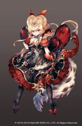 Rule 34 | 1girl, blonde hair, bow (weapon), brown background, copyright notice, dress, frilled dress, frills, full body, gradient background, grimms notes, long hair, low twintails, nemusuke, official art, queen of hearts (grimms notes), red dress, red eyes, ribbon, tiara, tongue, tongue out, twintails, weapon