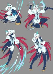 Rule 34 | 1boy, boots, cape, ear piercing, formal, gloves, high heel boots, high heels, horn, katana, kitsune23star, multiple views, piercing, purple eyes, suit, sword, thigh boots, thighhighs, trap, vest, weapon, white hair, white suit