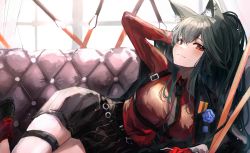 Rule 34 | 1girl, animal ear fluff, animal ears, arknights, arm up, backlighting, black coat, black hair, black necktie, black shorts, blush, breasts, closed mouth, coat, commentary request, couch, ear piercing, feet out of frame, gloves, hand in own hair, highres, indoors, large breasts, long hair, long sleeves, looking at viewer, lying, necktie, official alternate costume, on couch, on side, open clothes, open coat, piercing, red eyes, red gloves, shorts, sikinose val, smile, solo, striped clothes, striped necktie, striped shorts, sword, texas (arknights), texas (willpower) (arknights), thigh strap, underbust, vertical-striped clothes, vertical-striped shorts, weapon, window, wolf ears