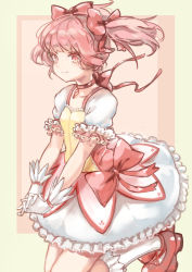 Rule 34 | 1girl, back bow, bow, bow choker, bubble skirt, choker, dress, dress bow, floating hair, frilled skirt, frilled sleeves, frills, full body, gem, gloves, hair bow, highres, interlocked fingers, kaname madoka, knees out of frame, looking at viewer, magical girl, mahou shoujo madoka magica, mahou shoujo madoka magica (anime), own hands together, pink background, pink bow, pink choker, pink dress, pink eyes, pink footwear, pink hair, pink theme, puffy short sleeves, puffy sleeves, red bow, shoes, short hair, short sleeves, short twintails, skirt, smile, socks, solo, turn zhuan, twintails, two-tone background, v arms, white gloves, white skirt