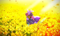 Rule 34 | 1boy, 1other, androgynous, asriel dreemurr, barefoot, brown hair, carrying, chara (undertale), day, field, flower, flower field, furry, green sweater, highres, long sleeves, meipu hm, monster boy, petals, shorts, spoilers, sweater, undertale, yellow flower