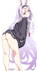 Rule 34 | 1girl, animal ears, ass, azur lane, bikini, bikini bottom only, black jacket, black skirt, breasts, brown eyes, expressionless, from behind, hairband, hands in pockets, highres, jacket, kneepits, leaning forward, legs, long hair, looking at viewer, looking back, miniskirt, pleated skirt, rabbit ears, rabbit girl, rabbit tail, shimakaze (azur lane), sideboob, skirt, small breasts, solo, standing, swimsuit, swimsuit over clothes, tail, thighs, umyonge (lkakeu), very long hair, white hair