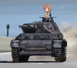 Rule 34 | 1girl, artist name, bad id, bad twitter id, bandages, blue jacket, blue sky, boko (girls und panzer), brown eyes, brown hair, commentary, day, dust cloud, girls und panzer, holding, holding stuffed toy, jacket, long sleeves, military, military vehicle, motor vehicle, nishizumi miho, ooarai military uniform, open mouth, outdoors, panzer iv, panzer iv, shasu (lastochka), short hair, signature, sky, solo, stuffed animal, stuffed toy, tank